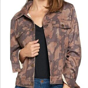 Mauby camo tan brown snap jean style jacket coat print women new Medium